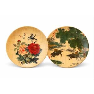 Set of 2 Hand Painted Bamboo Decorative Plates Asian Art 12”